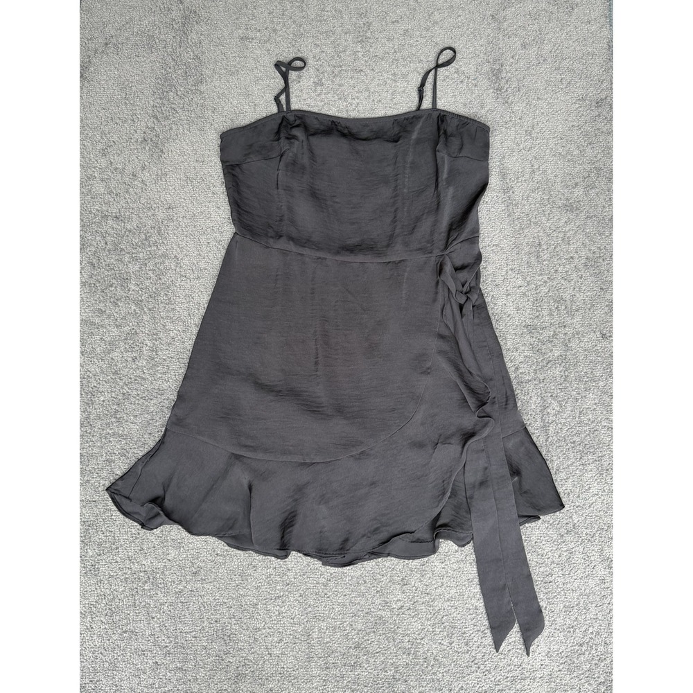 Express Black Satin Wrap Mini Dress Ruffle Hem Smocked Back Large